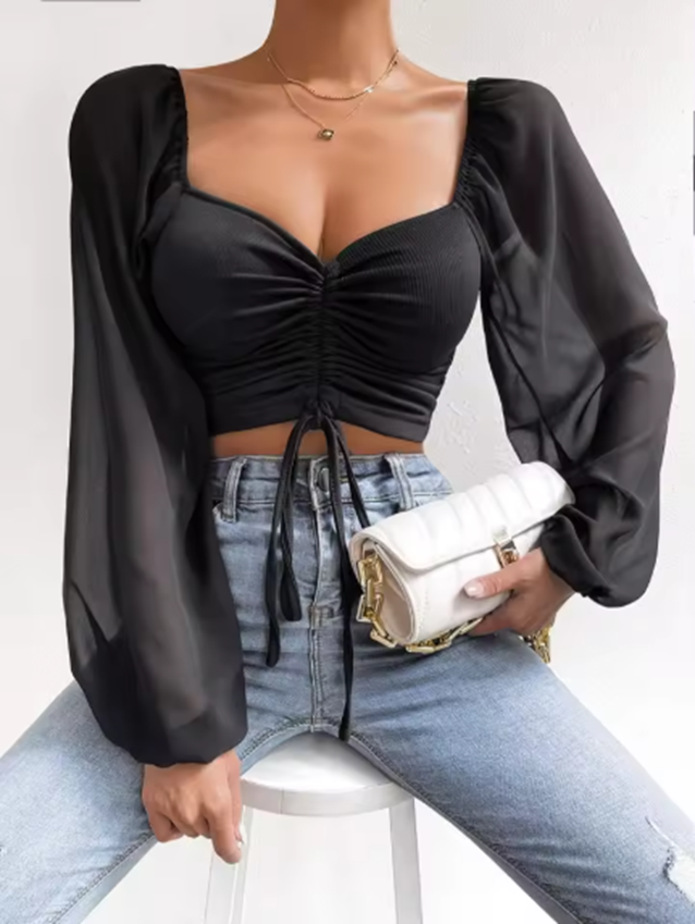 Elegantes Crop-Top | Transparente Ärmel & Raffung | Feminin & Modern