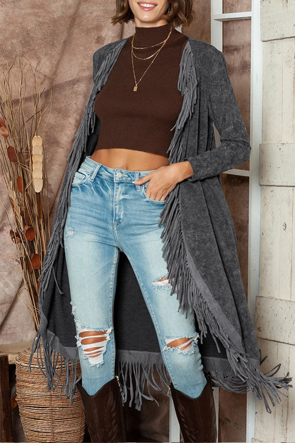 Malaya® | Lange Strickjacke mit mineralgewaschener Quaste und offener Vorderseite