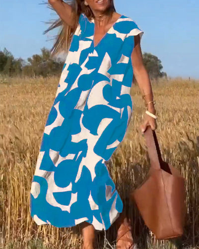 Selena® | Langes bedrucktes Kleid mit kurzen Ärmeln