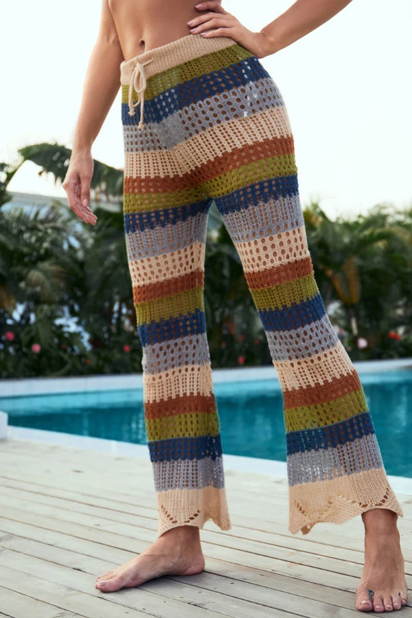 Elena® | Lässige, ausgehöhlte, kontrastierende Patchwork-Hose mit hoher Taille