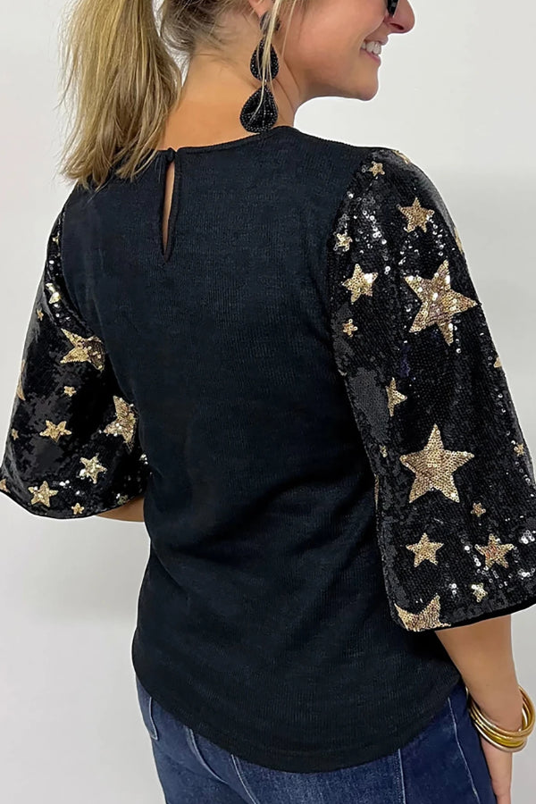 Frieda® | Schwarze, mit Sternchen-Pailletten besetzte Bluse mit halben Ärmeln