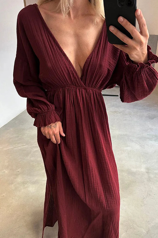 Sonia® | Lässiges Kleid aus Baumwolle und Leinen mit V-Ausschnitt und Schlitz