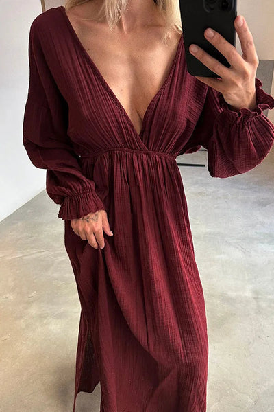 Sonia® | Lässiges Kleid aus Baumwolle und Leinen mit V-Ausschnitt und Schlitz