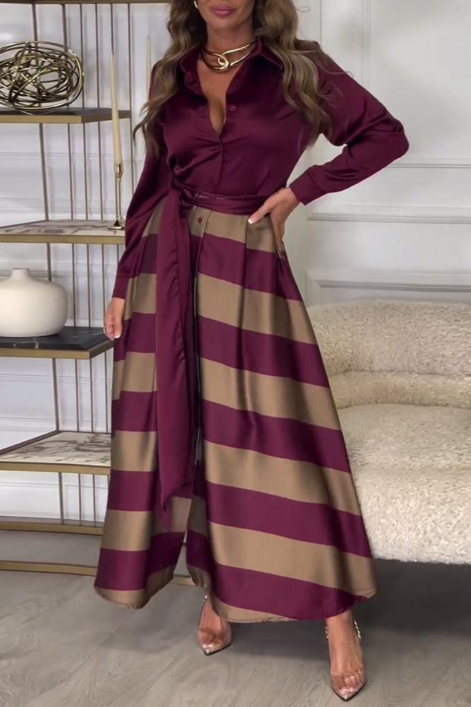 Hemdblusenkleid mit Gürtel | Streifendesign | Satin-Finish