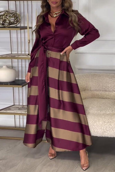 Hemdblusenkleid mit Gürtel | Streifendesign | Satin-Finish