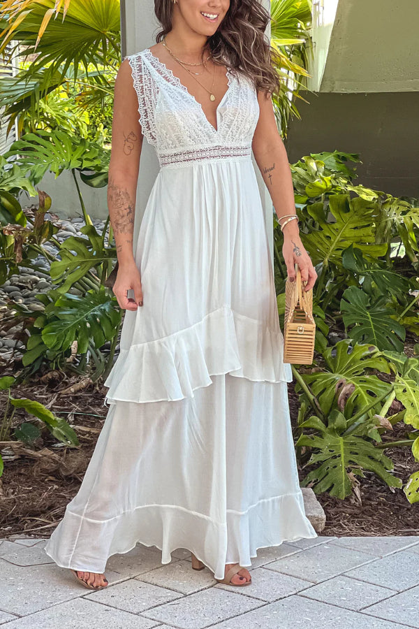 Romina® | Off-White-Maxikleid mit Spitzenoberteil und Schleife hinten
