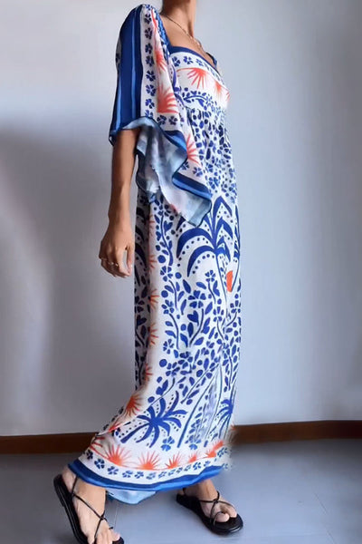 Sophia® | Blaues, lockeres, bedrucktes Kleid mit Glockenärmeln