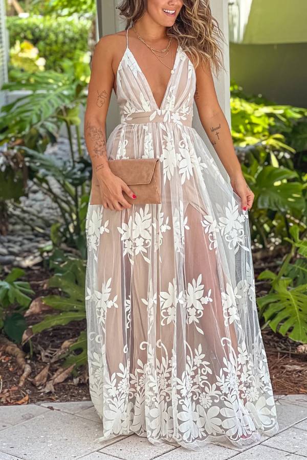 Carina® | Weißes und beiges, gekreuztes Maxikleid aus Tüll mit Blumenmuster am Rücken