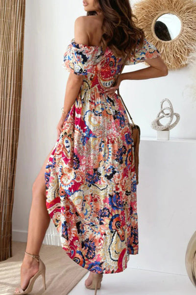 Pilar® | Sexy Urlaubskleid mit Blumenmuster, schulterfrei, geschlitzt, bedruckt