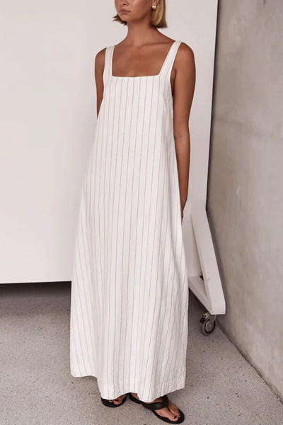 Patricia® | Schlichtes und atemberaubendes A-Linien-Maxikleid aus Leinenmischung mit Nadelstreifendetail und quadratischem Ausschnitt
