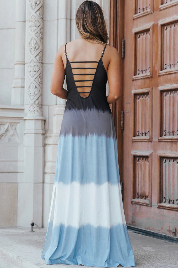 Ella® | Himmelblaues Batik-Maxikleid mit Spaghettiträgern und Schlitz