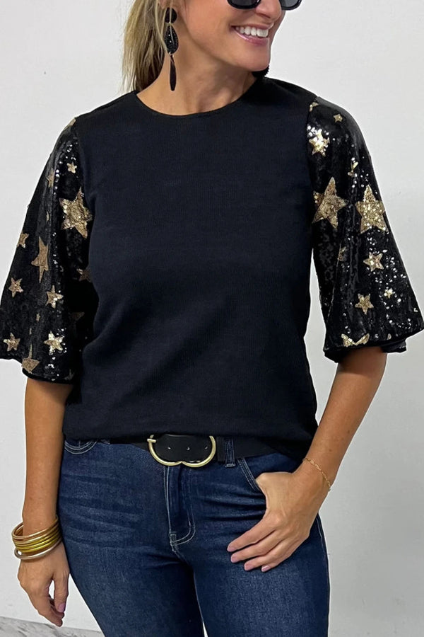 Frieda® | Schwarze, mit Sternchen-Pailletten besetzte Bluse mit halben Ärmeln