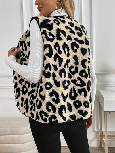 Giulia – Leopard Button-Up Sherpa Weste für Damen