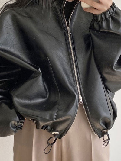 Heidi-Mode | Schwarze Lederjacke Mit Kordelzug Und Kragenkragen