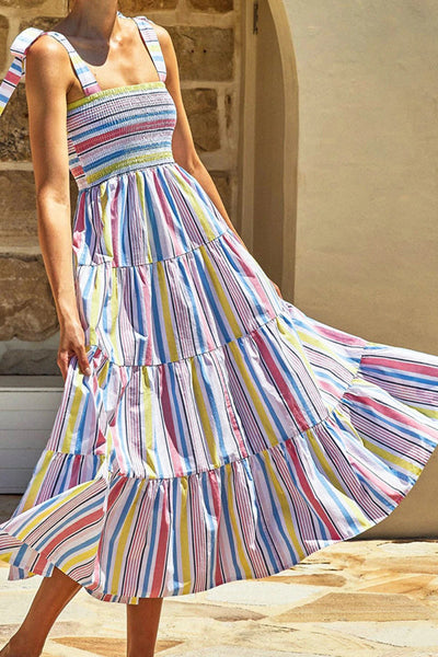 Juliana® | Mehrfarbig gestreiftes, gesmoktes Maxikleid mit Schnürung