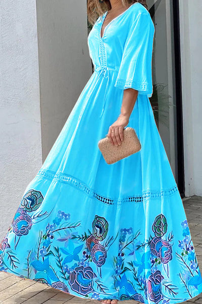 Ramona® | Elegantes, einzigartiges, bedrucktes Spitzen-Patchwork-Maxikleid mit Schnürung