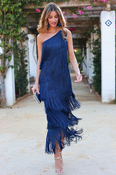 One-Shoulder-Kleid mit Fransen | Fließender Schnitt | Glamouröser Abend-Look