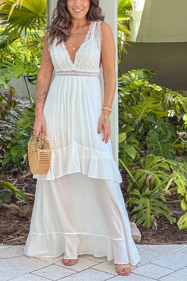 Romina® | Off-White-Maxikleid mit Spitzenoberteil und Schleife hinten