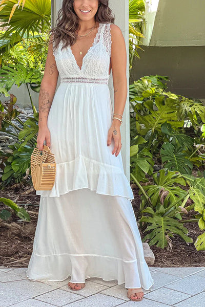 Romina® | Off-White-Maxikleid mit Spitzenoberteil und Schleife hinten