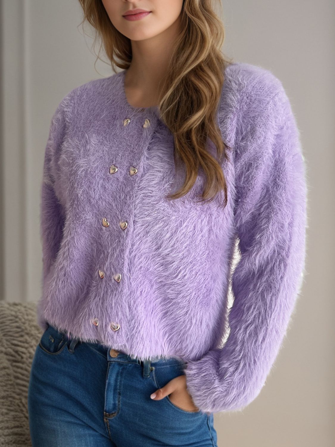 Flauschiger Strick-Cardigan | Herzförmige Knöpfe | Weich & gemütlich
