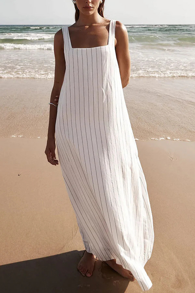 Patricia® | Schlichtes und atemberaubendes A-Linien-Maxikleid aus Leinenmischung mit Nadelstreifendetail und quadratischem Ausschnitt