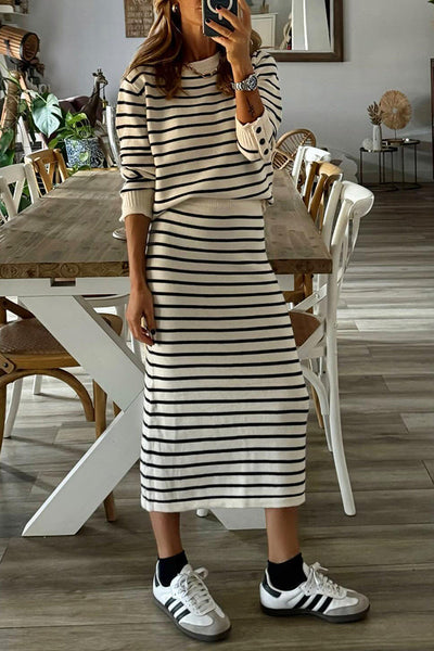 Kate® | Gestreifter Pullover, Pendler-Midirock, Rockanzug mit hoher Taille