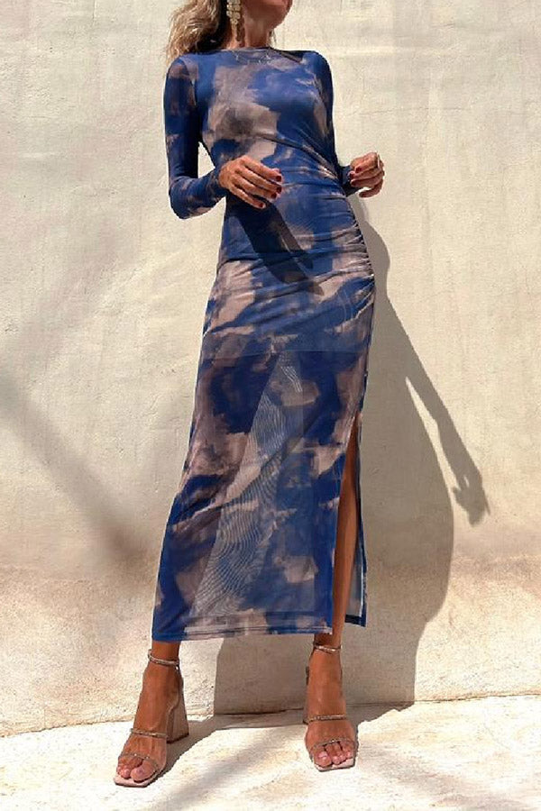 Taylor® | Charm Lady Mesh Overlay Tie Dye Print Langarm gerafftes Stretch-Midikleid