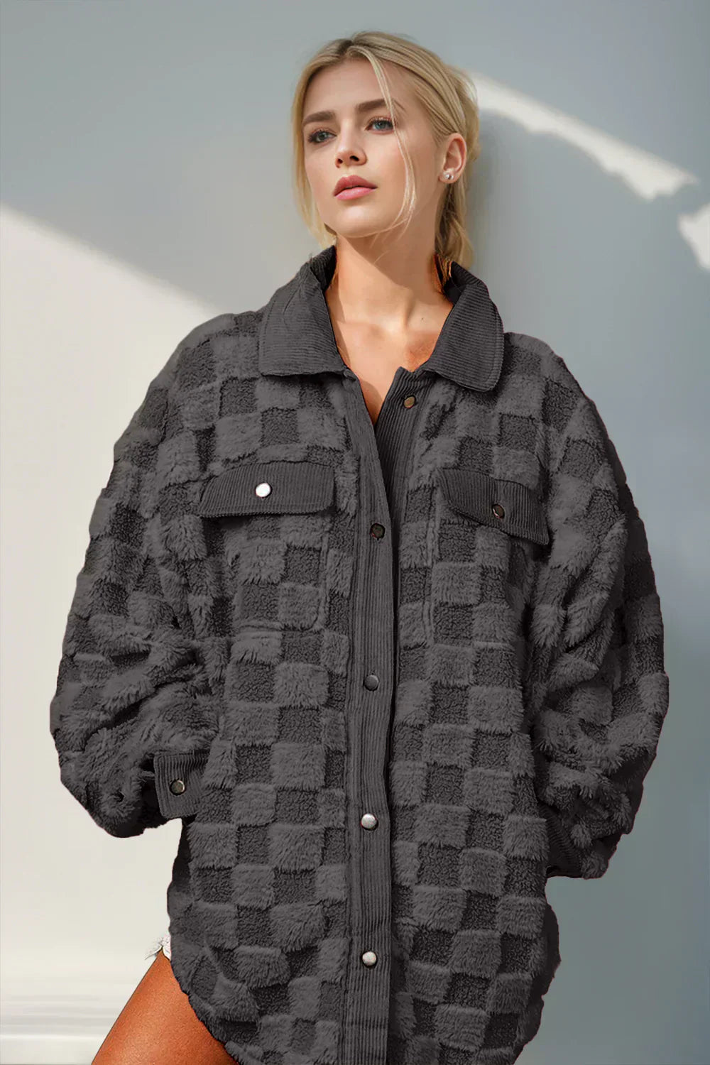 Karierte Teddyjacke | Oversize Fit | Druckknopfverschluss