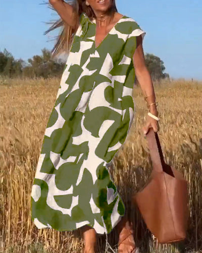Selena® | Langes bedrucktes Kleid mit kurzen Ärmeln