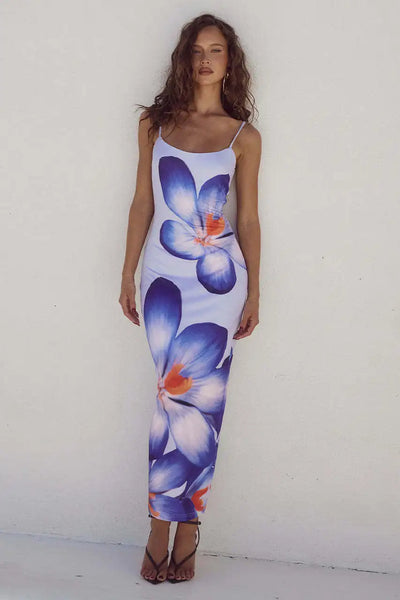 Midikleid mit Spaghettiträgern | Figurbetont | Großes Blumenmotiv