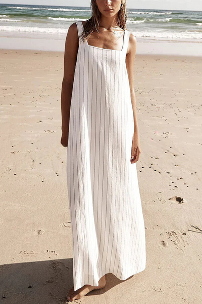 Patricia® | Schlichtes und atemberaubendes A-Linien-Maxikleid aus Leinenmischung mit Nadelstreifendetail und quadratischem Ausschnitt