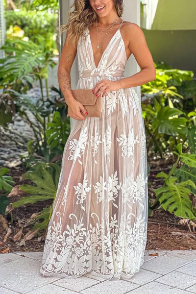 Carina® | Weißes und beiges, gekreuztes Maxikleid aus Tüll mit Blumenmuster am Rücken