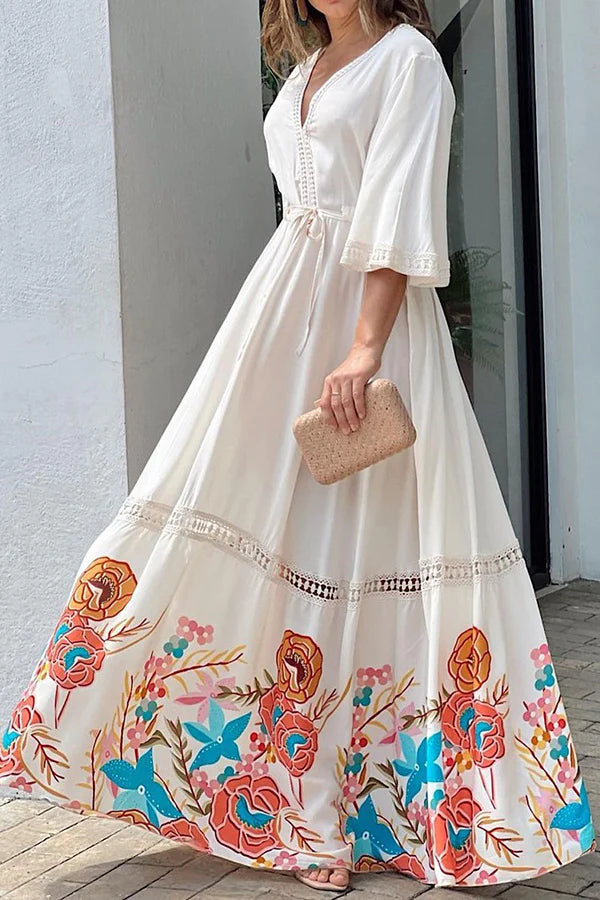 Ramona® | Elegantes, einzigartiges, bedrucktes Spitzen-Patchwork-Maxikleid mit Schnürung