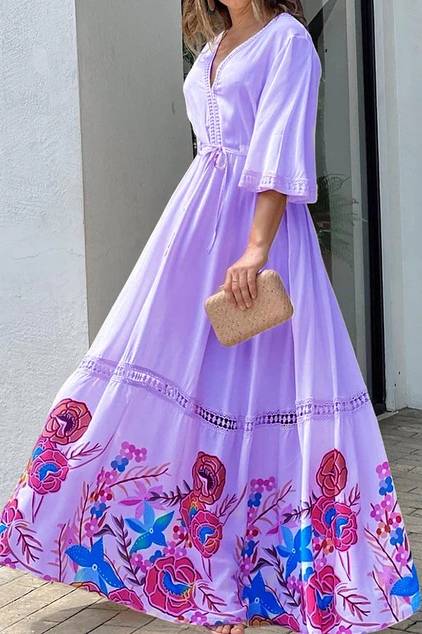 Ramona® | Elegantes, einzigartiges, bedrucktes Spitzen-Patchwork-Maxikleid mit Schnürung