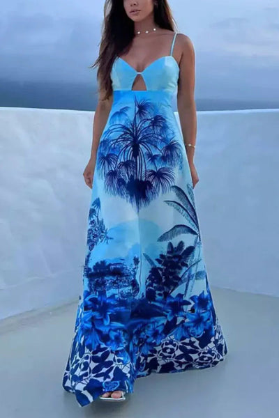 Alma® | Urlaubsblaues Kleid mit Hosenträger-Print