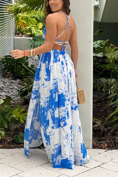 Vanesa® | Weiß-blau bedrucktes Maxikleid mit Ausschnitten