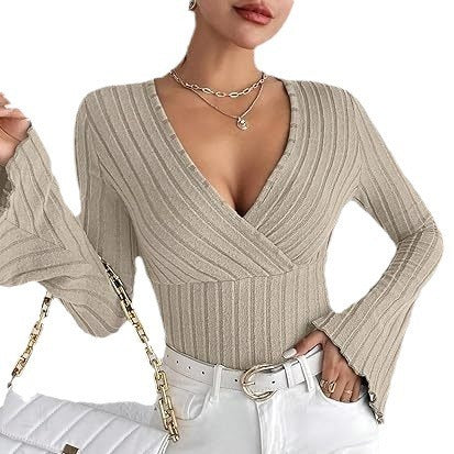 Josien | Flared V-neck Ribbed Langarmshirt