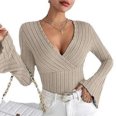 Josien | Flared V-neck Ribbed Langarmshirt