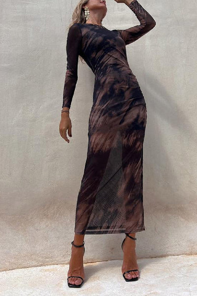 Taylor® | Charm Lady Mesh Overlay Tie Dye Print Langarm gerafftes Stretch-Midikleid