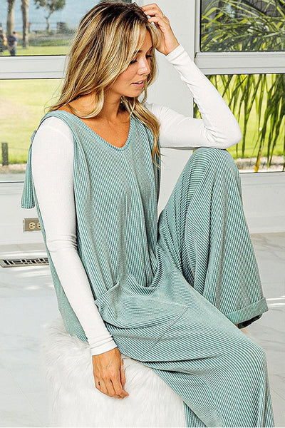 Samantha® | Grüner, übergroßer, gerippter Overall mit weitem Bein und Taschen