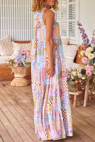 Cinthia® | Langes Kleid mit Blumenpuzzle und Rundhalsausschnitt