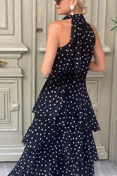 Elisa® | Gestuftes Maxikleid mit gepunktetem Neckholder und Schleife am Ausschnitt