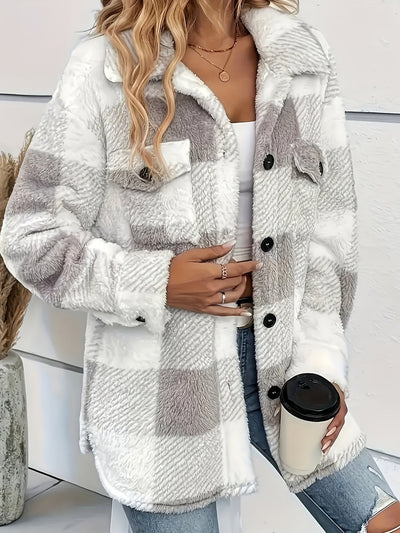 Damen-Freizeitjacke aus Fleece | Karomuster mit Knopfleiste vorne