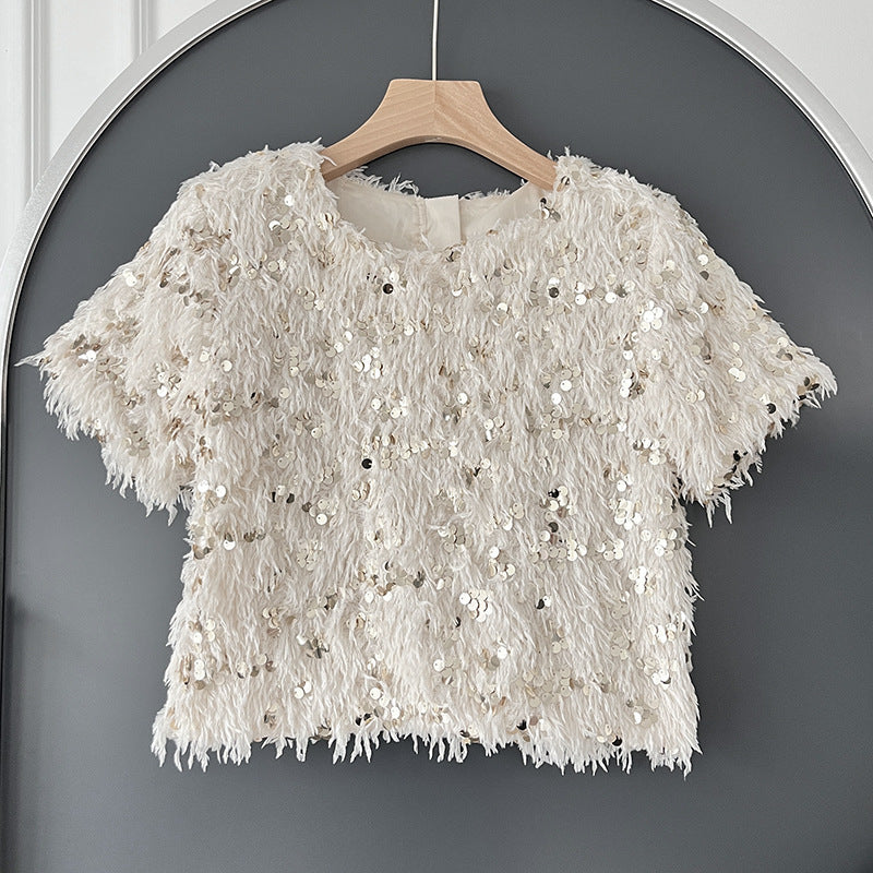 Birgit | Glamouröses Feder-T-Shirt mit Pailletten