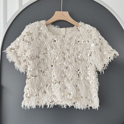 Birgit | Glamouröses Feder-T-Shirt mit Pailletten