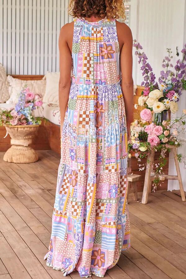 Cinthia® | Langes Kleid mit Blumenpuzzle und Rundhalsausschnitt