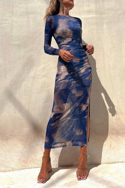 Taylor® | Charm Lady Mesh Overlay Tie Dye Print Langarm gerafftes Stretch-Midikleid