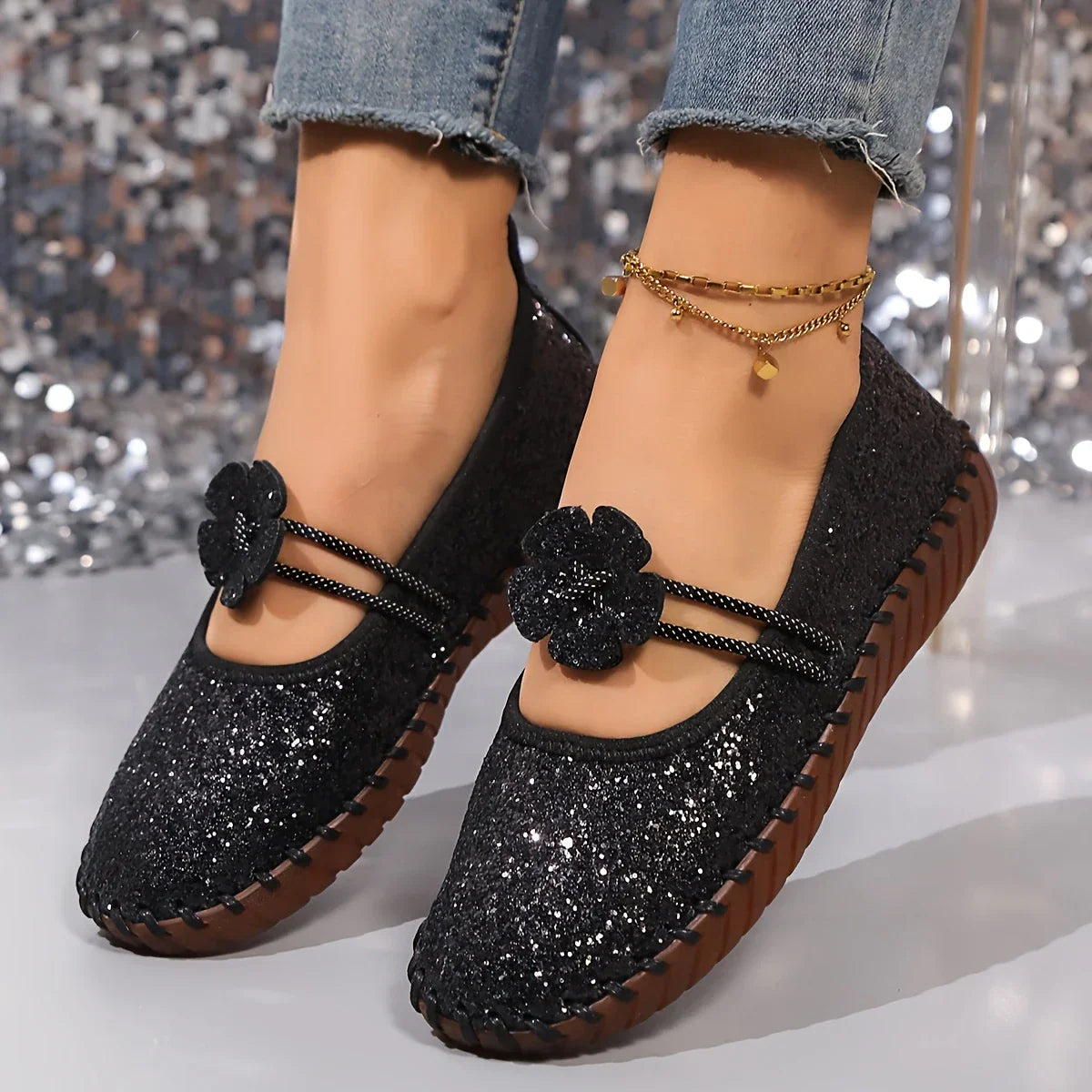 Glitzer-Ballerinas mit Blume | Elastikriemen | Funkelnd & Verspielt