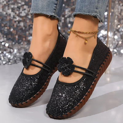 Glitzer-Ballerinas mit Blume | Elastikriemen | Funkelnd & Verspielt