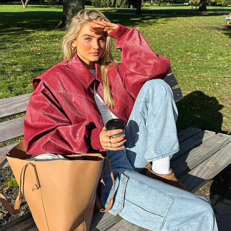 Liv | Oversized Burgundy Faux Lederjacke